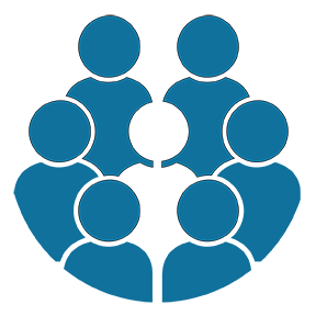 icon of six people surrounding a person in the middle who is different than the others