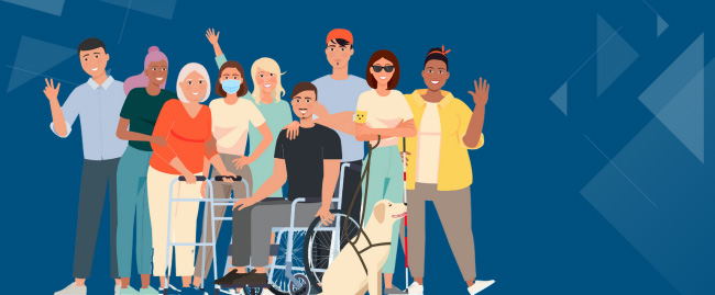 A group of people including a woman with a walker and a mane in a wheelchair, and a blind person with service dog wave at the camera.