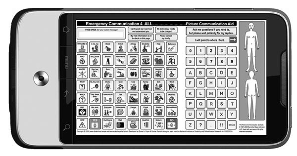 Figure 2: Emergency Communications for All Smartphone App for Android: This image shows a cell phone in a horizontal position displaying images and letters on its screen
