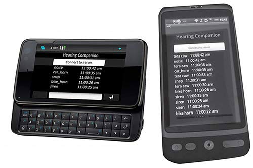 Figure 6: Hearing Companion Android Smartphone App: This image shows two cell phones, one with a slide out keyboard, and another with a touchscreen